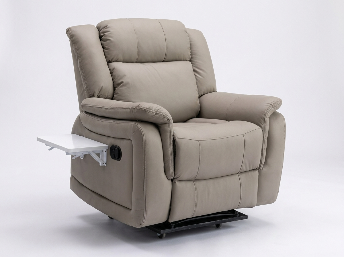 The Renovia-DSMC dialysis chair in taupe leather-touch fabric, three-quarter view with the fold-out side table extended