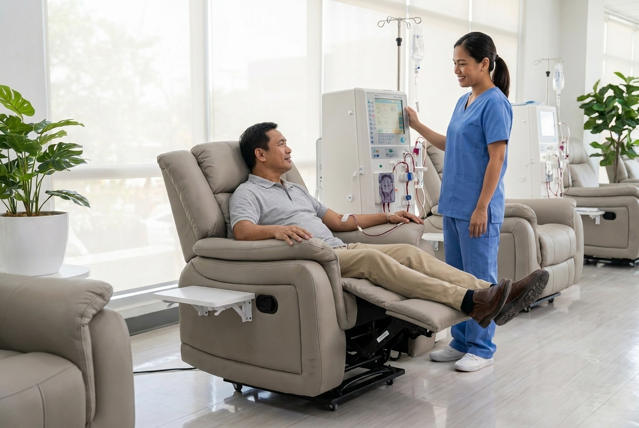 A patient reclines comfortably in the Renovia-DSMC dialysis chair during treatment as a nurse checks the dialysis machine beside them