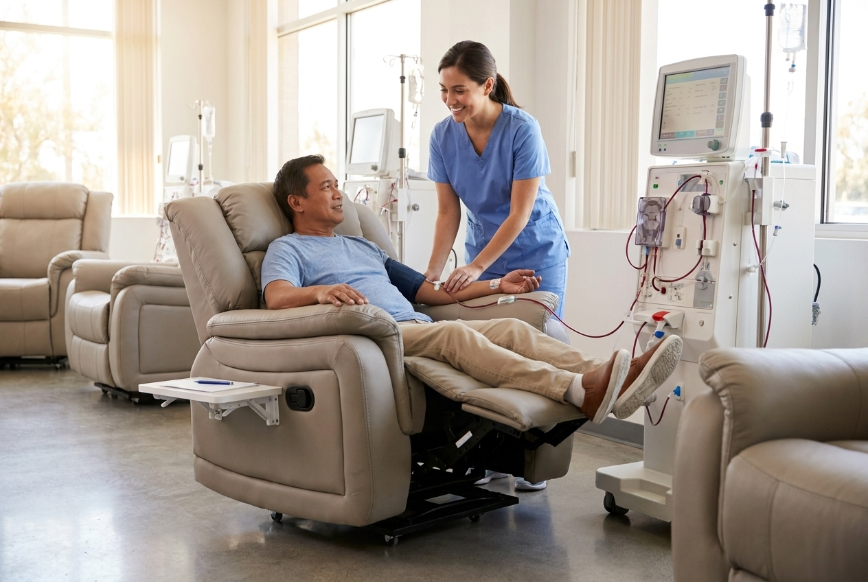 A patient reclined in the dialysis chair mid-treatment
