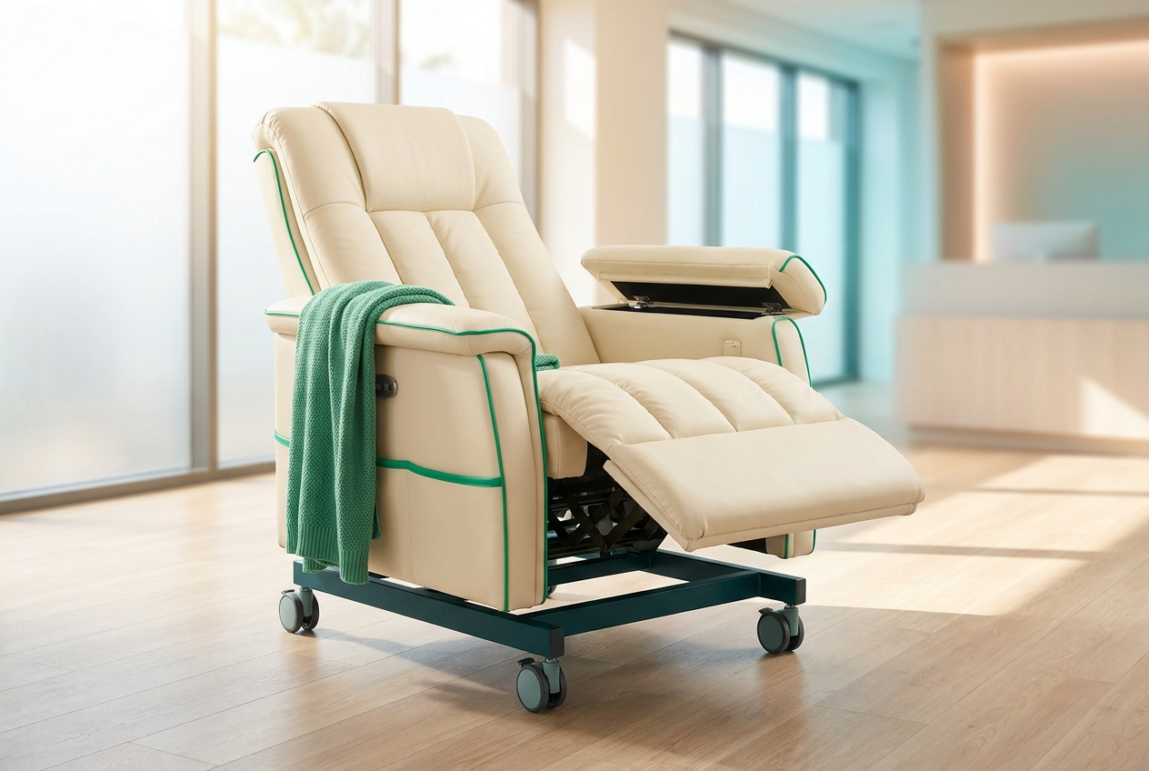The Renovia dialysis chair — a plush cream recliner with emerald piping and dark teal base, footrest extended