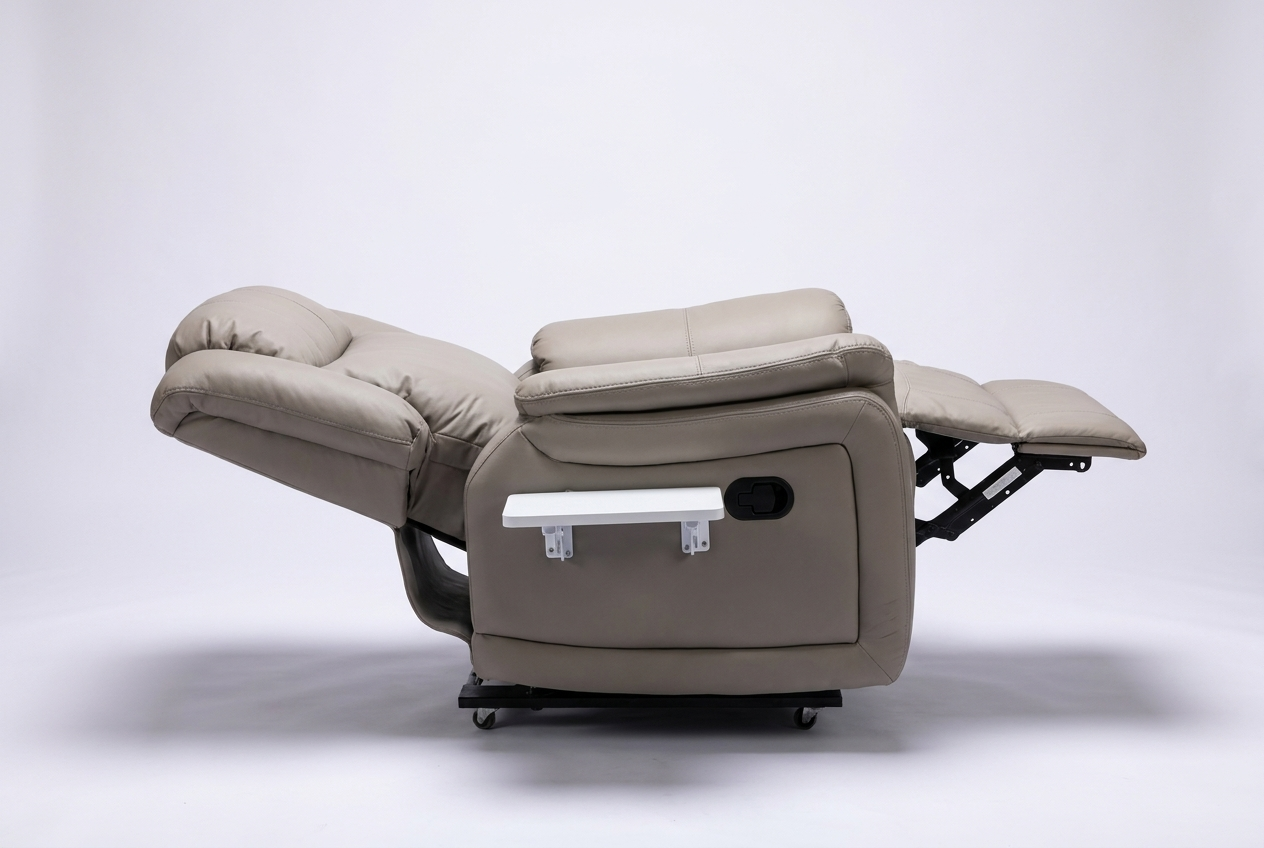 The dialysis chair fully reclined flat at 180 degrees, side profile