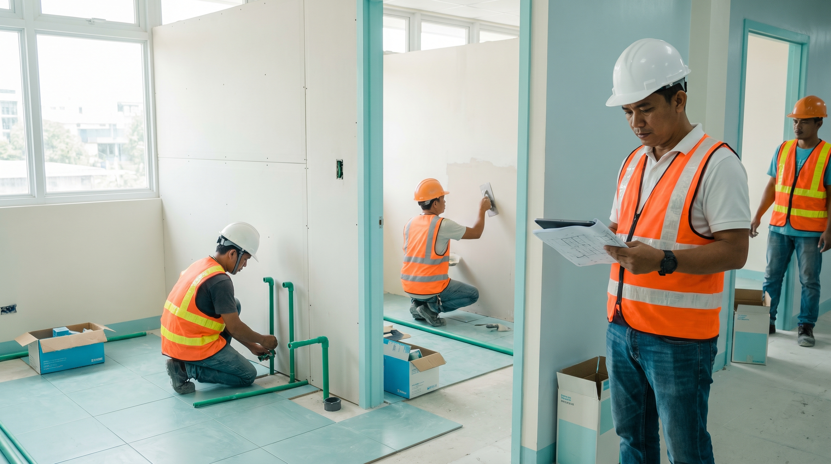 A fit-out crew builds out a new dialysis center under an engineer's supervision