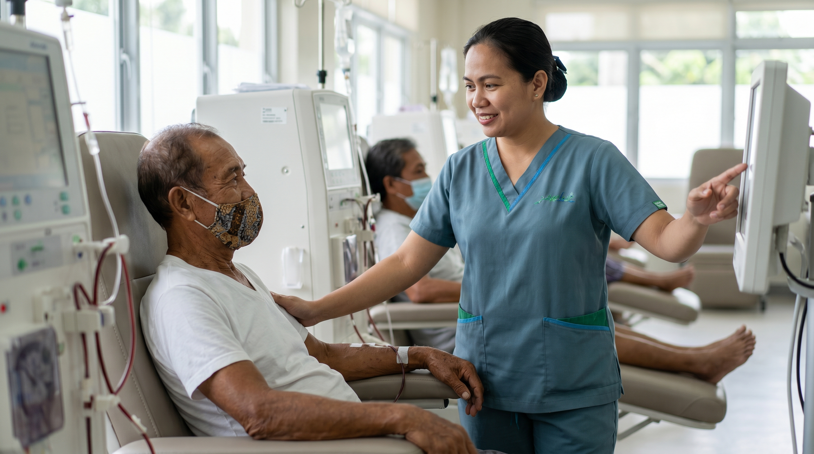A nurse explains a treatment screen to an older patient at his station