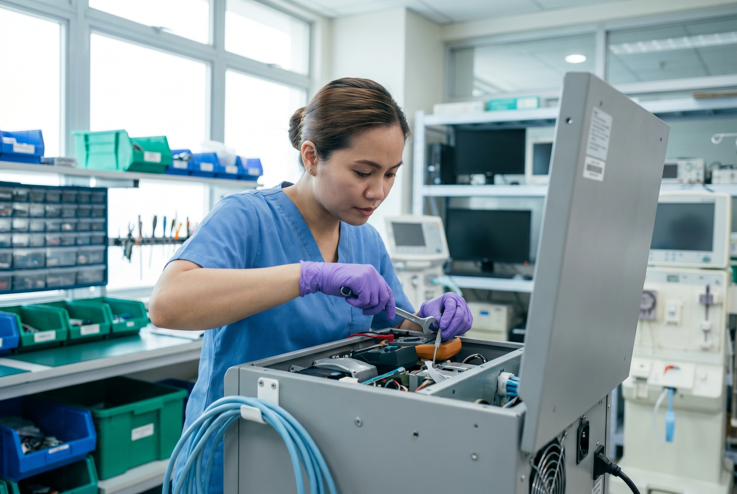 A biomedical engineer services the inside of a dialysis machine in a parts workshop