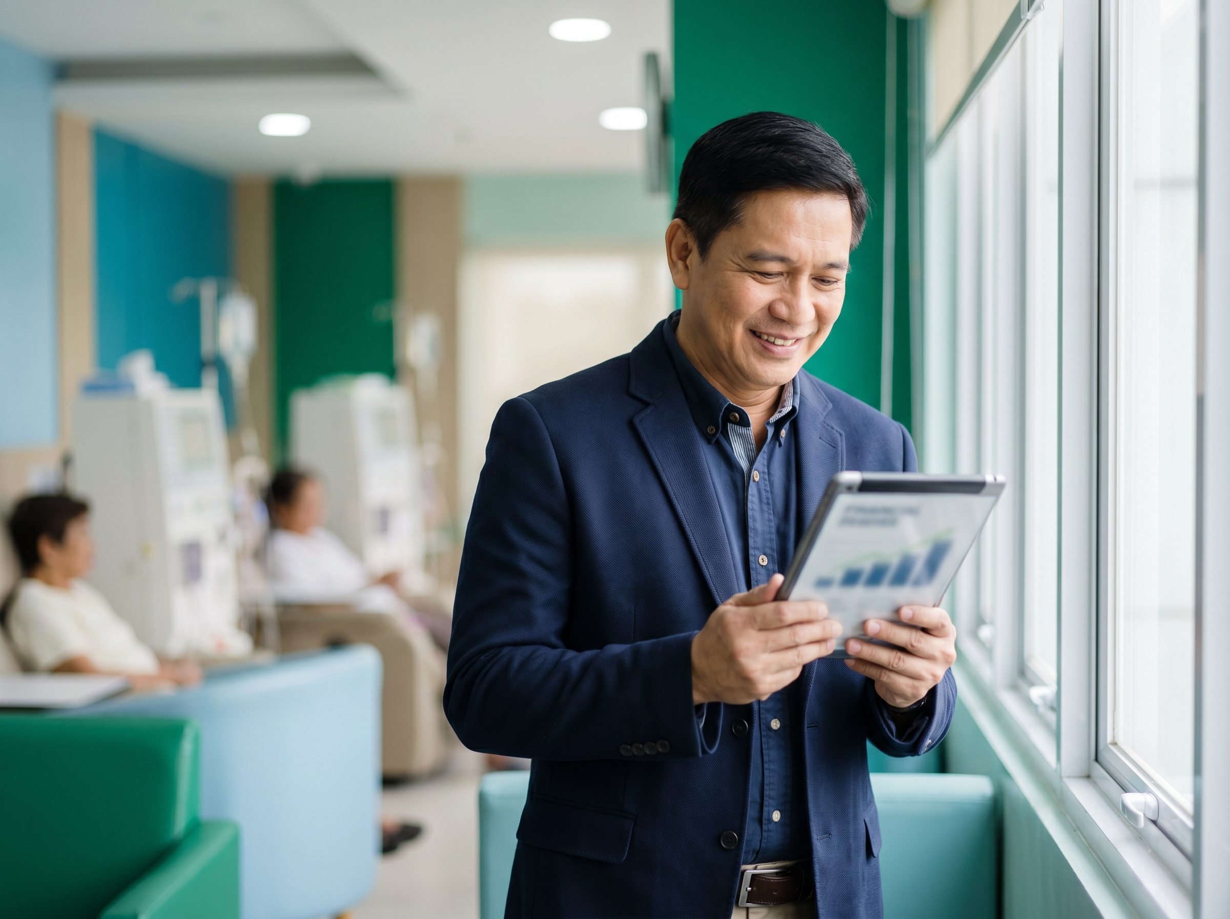 A center owner reviews finances on a tablet inside his dialysis center, visibly relieved