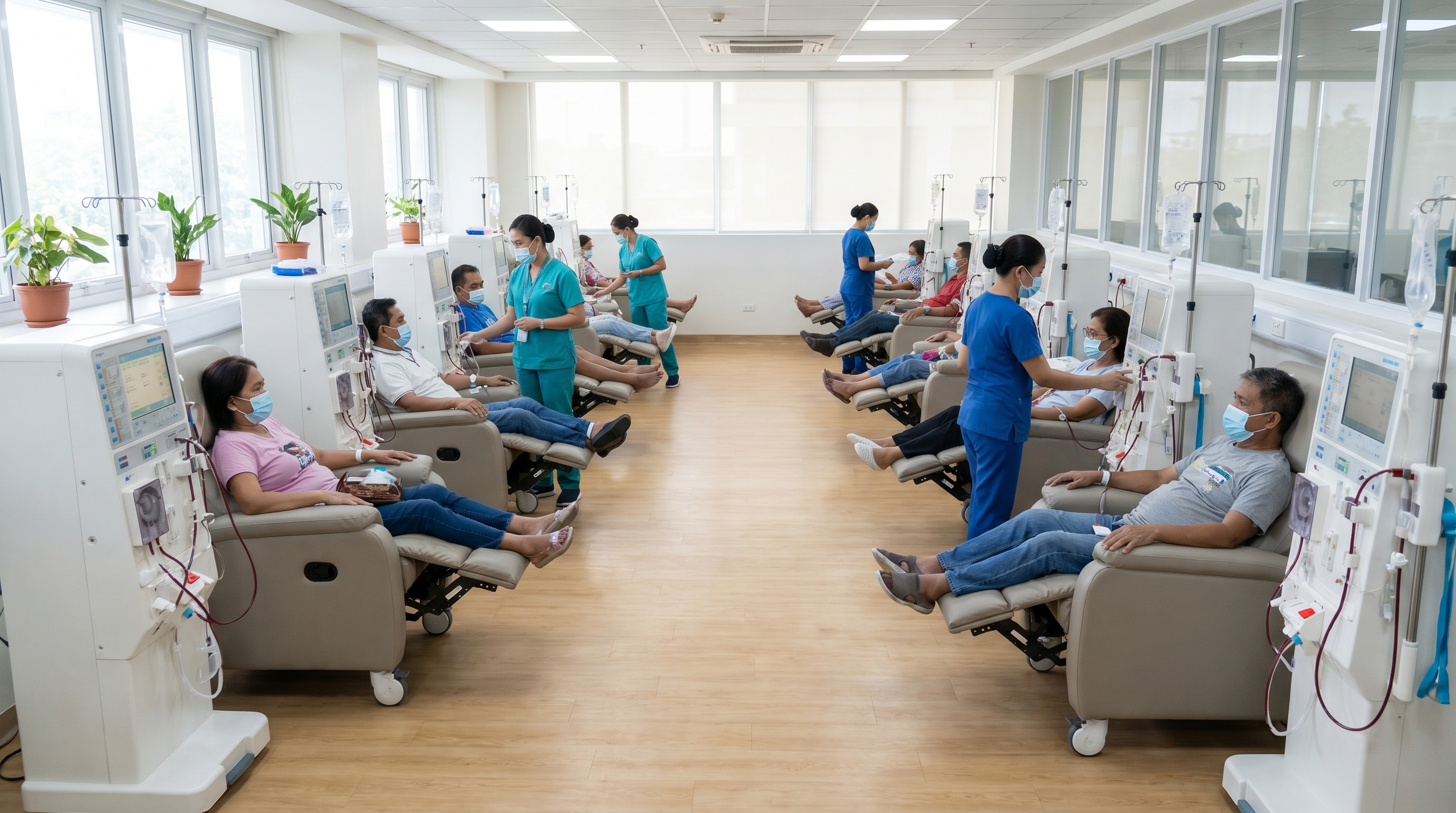 A wide view of a 12-station Renovia dialysis center in full operation