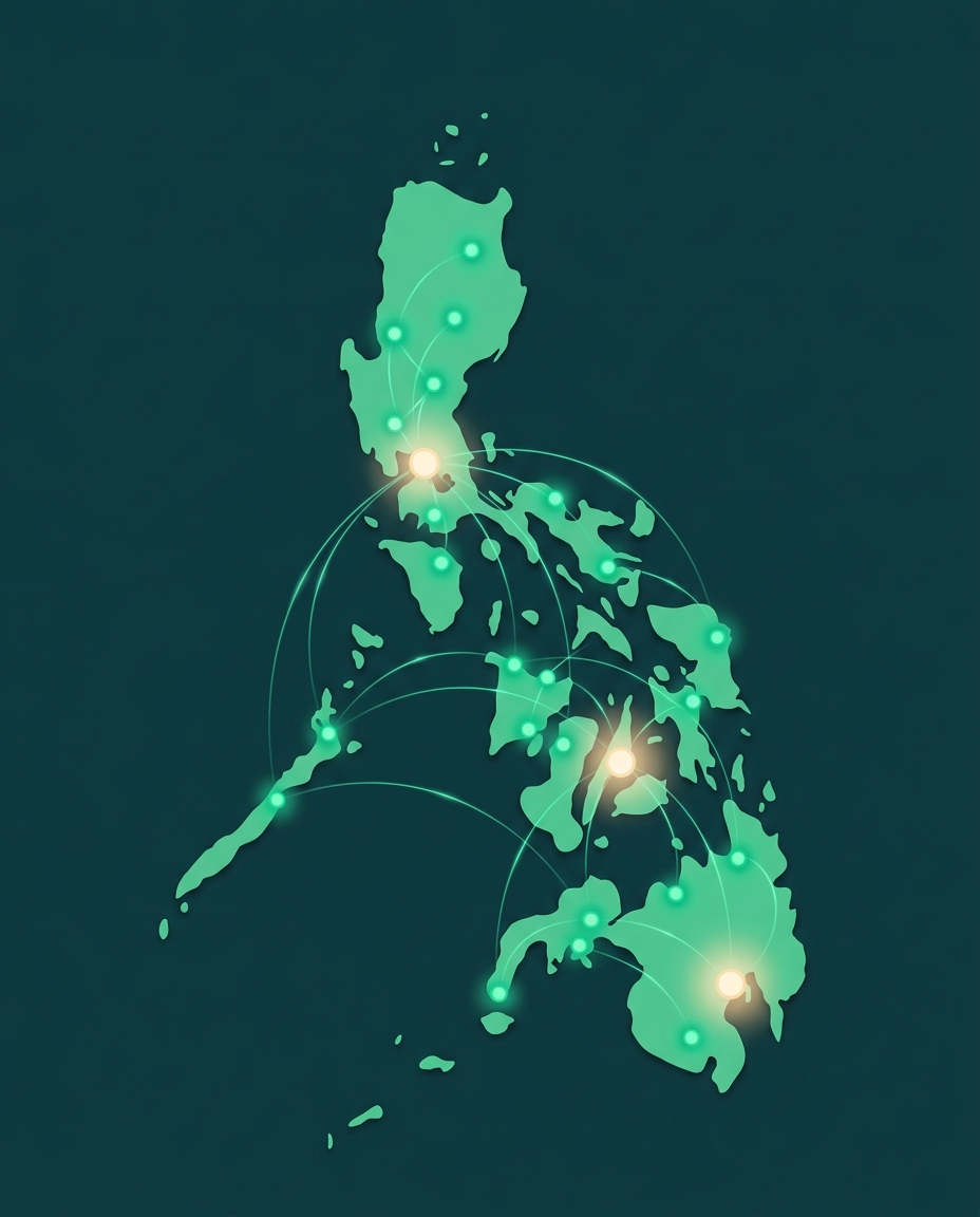 Illustration of the Philippine archipelago with dialysis centers connected into one glowing network