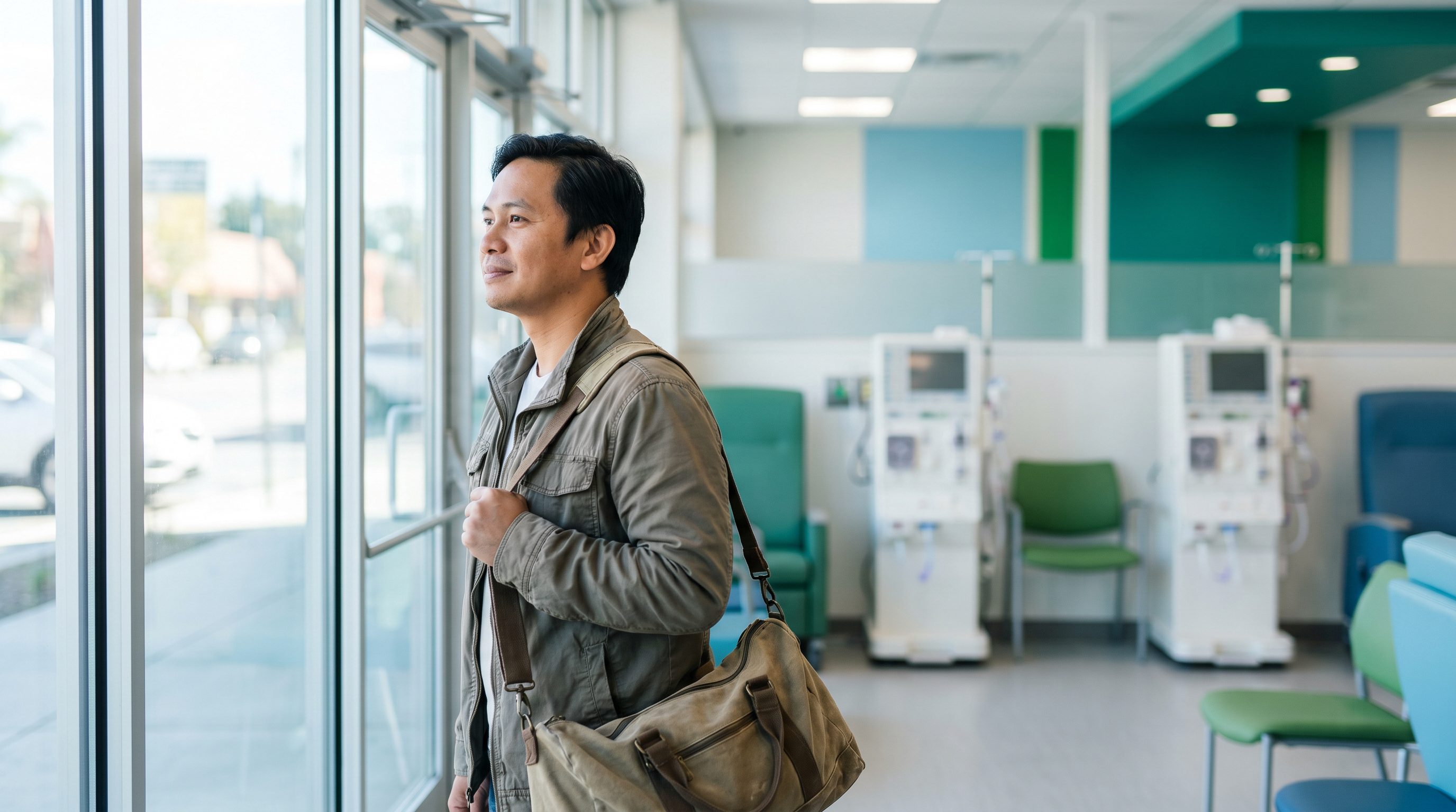 A patient with a travel bag looks out from a dialysis center lobby, ready to travel