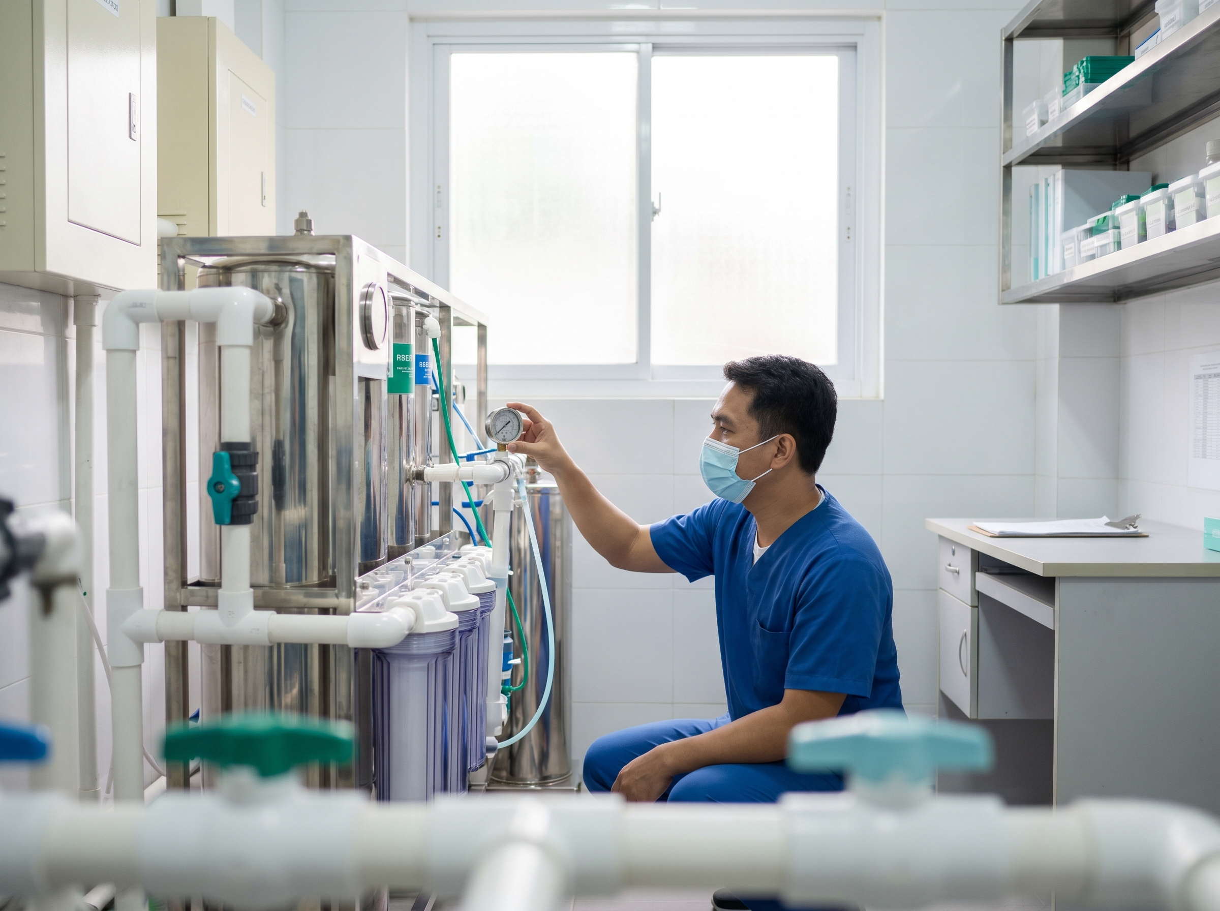 A technician checks the pressure gauge of a reverse-osmosis water system