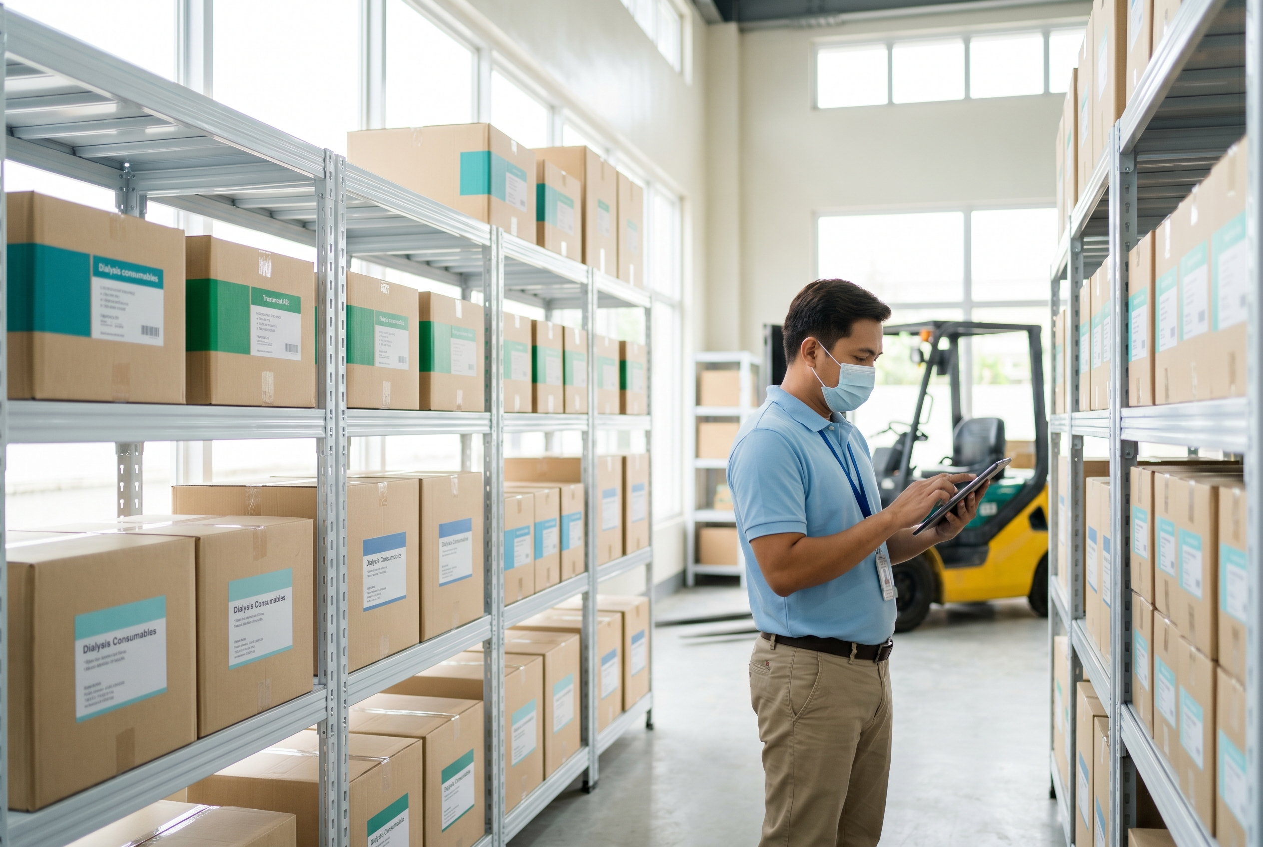 A supply officer checks inventory of dialysis consumables in a bright warehouse